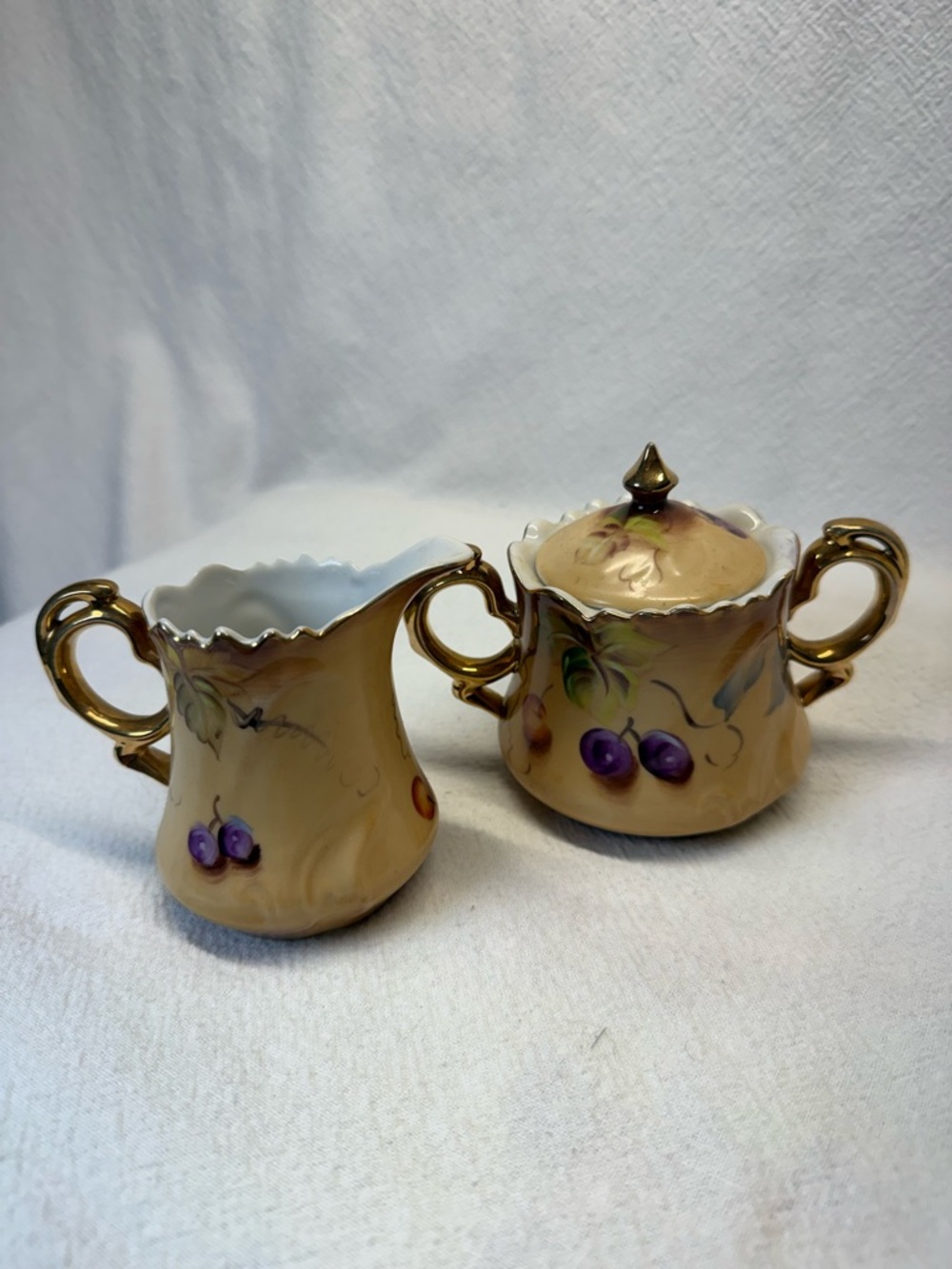 VINTAGE Lefton Heritage Fruit Porcelain creamer and sugar bowl set Hand Painted
